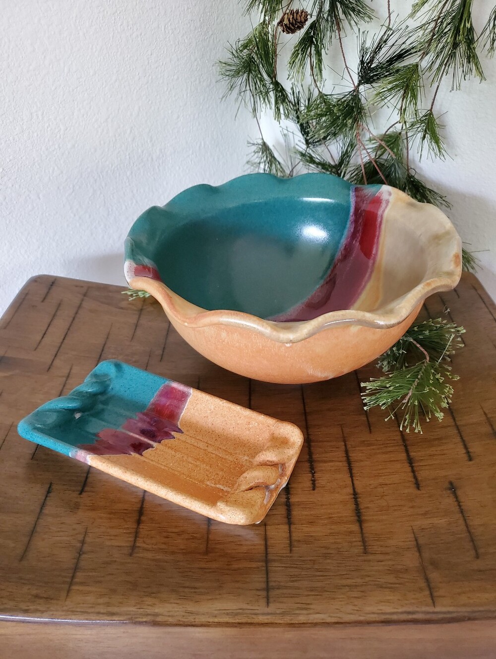 Vintage Walt Glass Studio Pottery Texas Sunset Ruffled Bowl & Spoon Rest Tray